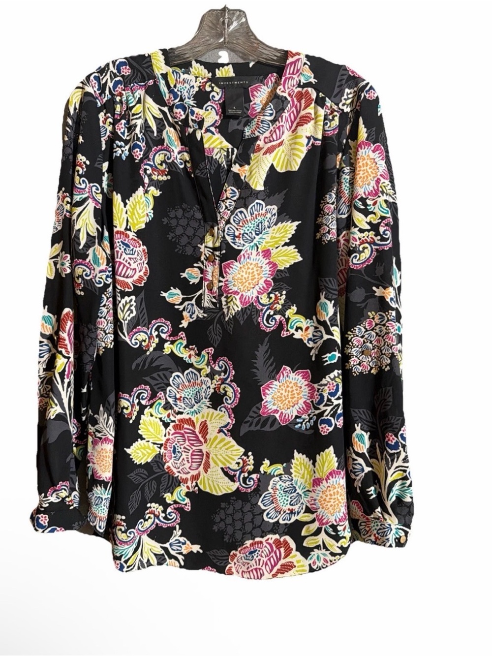 Investments chiffon Black Floral Split-Neck button Blouse Sz L Whimsigoth boho
